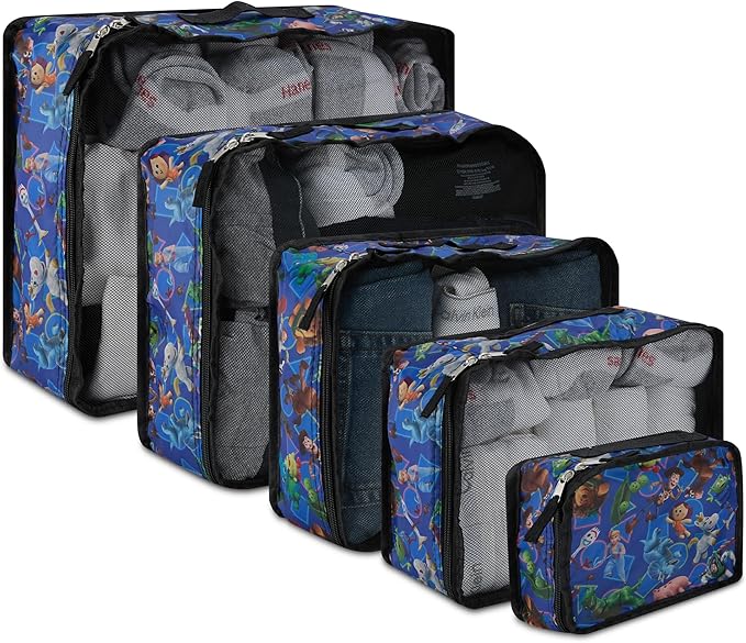 Disney Minnie Mickey Stitch Packing Cubes - Winnie the Pooh, Princess Cinderella, Cars, Toy Story 5 Piece Packing Cubes Compression - Travel Essential - Luggage Suitcase Organizer Set