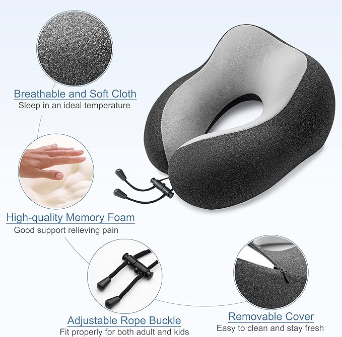 Travel Pillow - Memory Foam Cervical Neck Pillow for Adults, Kids, Children, Convenient & Portable U Shaped Pillows, Airplane Pillow for Home, Office, Camping, Travelling, Sleeping (Black)