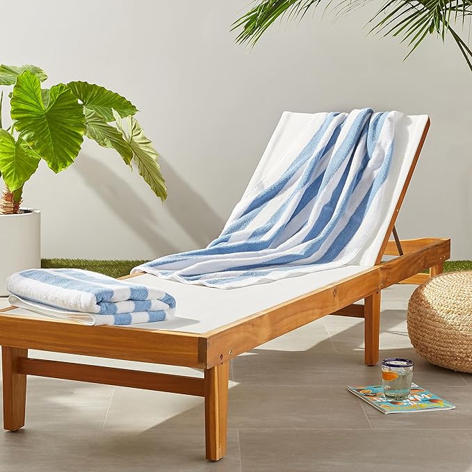 Amazon Basics Sky Blue Cabana Stripe Pool & Beach Towel, 100% Cotton, Soft & Absorbent, Machine Washable, Quick Dry, Large, 2 Pack, Sky Blue, 30" x 60"