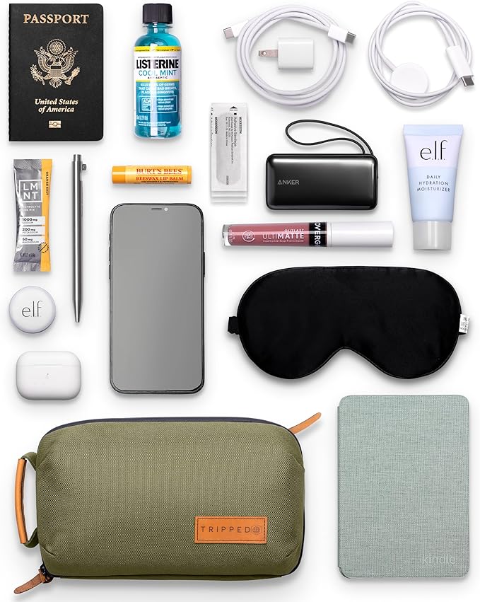 Tech Bag Organizer - Small Electronics Organizer Pouch for Travel - Premium Travel Case with Leather Accents - Mesh Pocket for Cables, Cords and Chargers (Green)