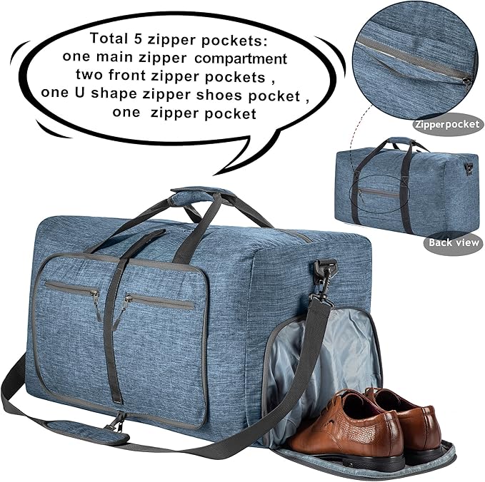 Vomgomfom 65L/85L/115L Foldable Travel Duffle Bag, Lightweight Checked Luggage with Shoe Compartment, Water-Resistant Weekender Overnight Bag for Men & Women