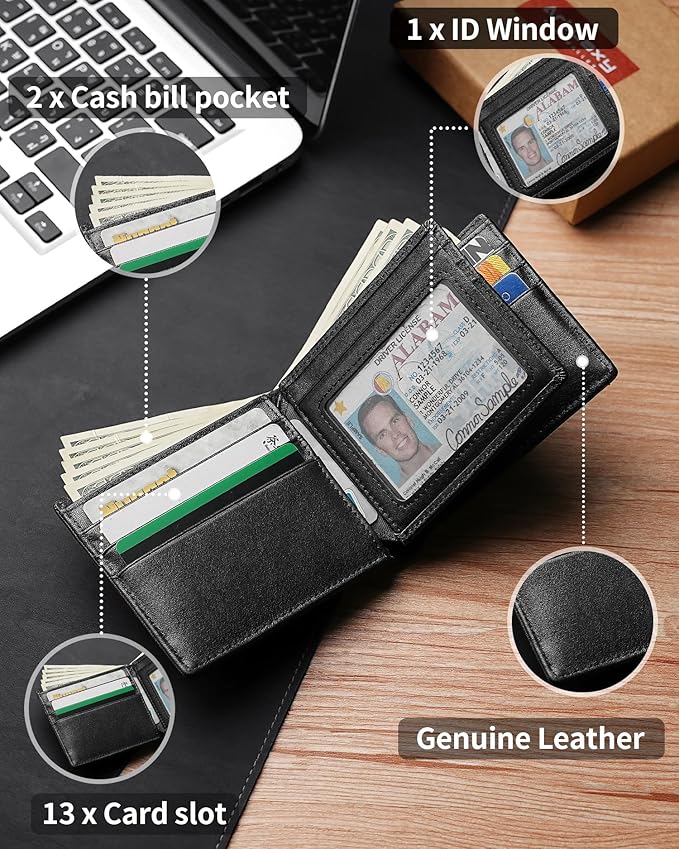 Artpaxy Mens Wallet Bifold Genuine Leather RFID Blocking Wallet for Men with 1 ID Window 13 Card Holders 2 cash pockets 1 Gift Box