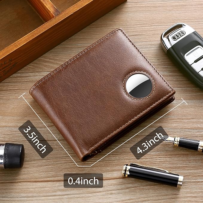 Swallowmall AirTag Wallet Mens RFID Blocking Genuine Leather Bifold Men's Wallet For air tag with 1 ID Window 13 Card Holders CoffeeBrown(Airtag Not included)