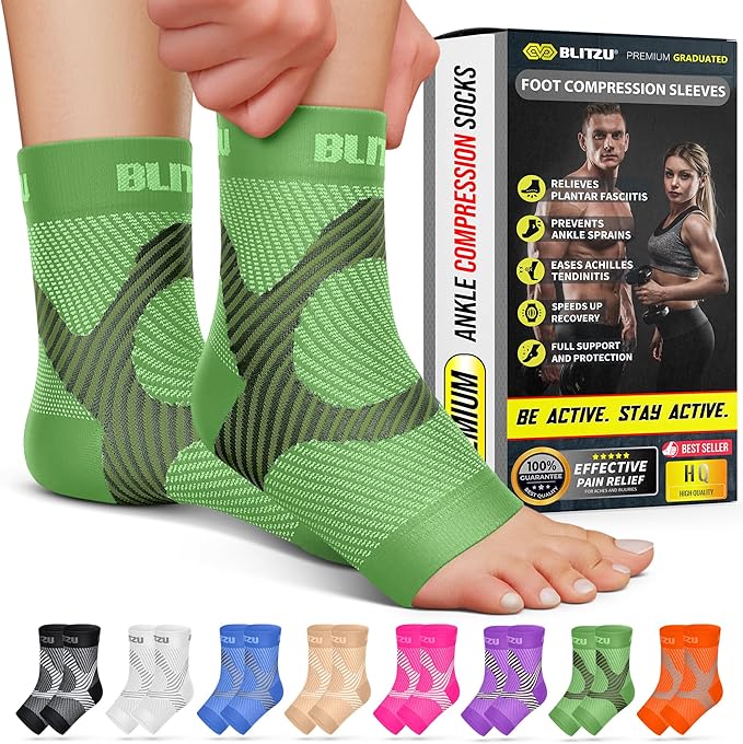 BLITZU Compression Socks for Plantar Fasciitis, Achilles Tendonitis, Arthritis Relief, Ankle Brace Compression Sleeve with Foot Arch Support, Ankle Wrap for Women, Men, Swelling & Heel Pain Green S-M