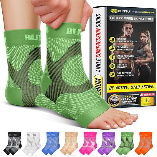 BLITZU Compression Socks for Plantar Fasciitis, Achilles Tendonitis, Arthritis Relief, Ankle Brace Compression Sleeve with Foot Arch Support, Ankle Wrap for Women, Men, Swelling & Heel Pain Green S-M