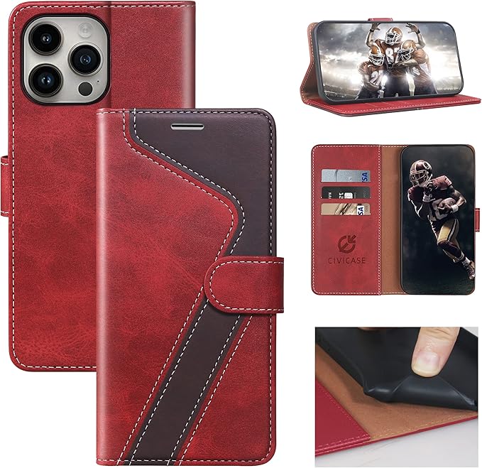 CIVICASE for iPhone 14 Pro Max Wallet Case,Leather Flip Case [RFID Blocking] Credit Card Holder Folio Magnetic Stand TPU Shockproof Cover Color Matching for iPhone 14 Pro Max (6.7") Red Brown