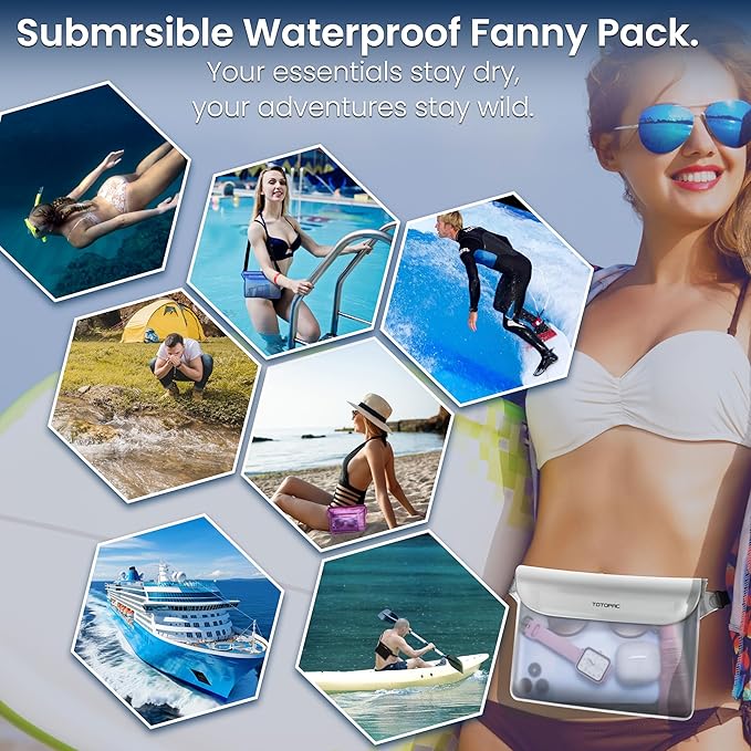 2-Pack Waterproof Fanny Pack, Phone Pouch with Waist Strap, 9x6.7 Inch Dry Bag for Phone, Cash, and Valuables – for Swimming, Kayaking, Boating, Snorkeling, and Water Sports (2, Pink + White)