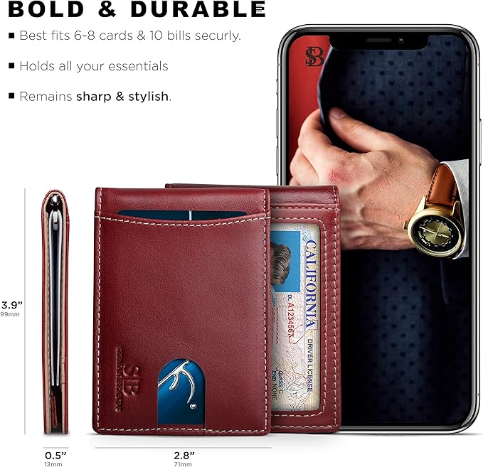 SERMAN BRANDS RFID Blocking Slim Bifold Genuine Leather Minimalist Front Pocket Wallets for Men with Money Clip Thin Gift