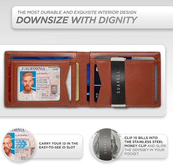 Suavell Slim Wallets for Men. Minimalist Bifold Wallet With Money Clip & ID Window. RFID Blocking Credit Card Holder Front Pocket Wallet, Gifts For Men - Husband Father On Birthday Anniversary