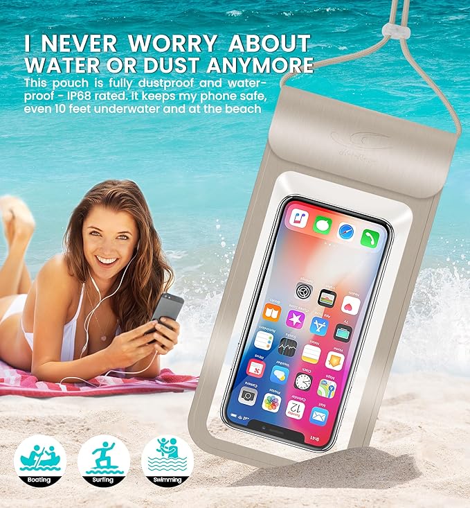 HiRui Universal Waterproof Phone Pouch with Touch Screen, IP68 Waterproof Phone Case Dry Bag for Beach, Compatible with iPhone 16/15/14/13/12/XR/SE, Samsung Galaxy, Fits up to 6.1" (Gold, Large)