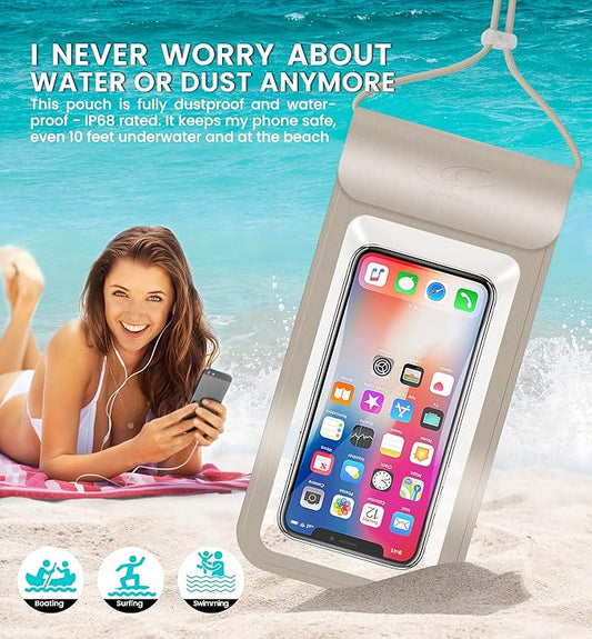 HiRui Universal Waterproof Phone Pouch with Touch Screen, IP68 Waterproof Phone Case Dry Bag for Beach, Compatible with iPhone 16/Pro/Plus/Max/15/14, Galaxy S24+/25+, Fits up to 6.9" (Gold, X-Large)