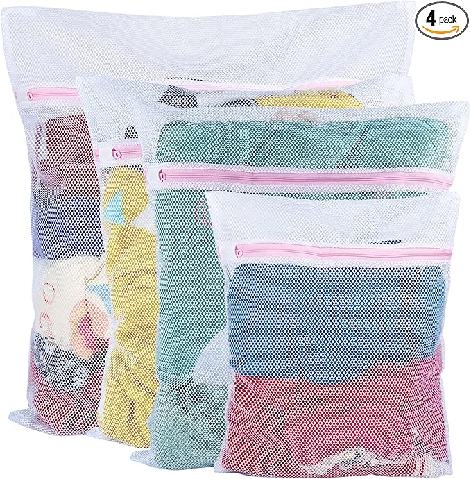Vivifying Mesh Laundry Bags, 4pcs Durable Coarse Mesh Wash Bags with Zipper for Washing Machine, Delicates, Lingerie, Socks, Shoes and Stuffed Animals