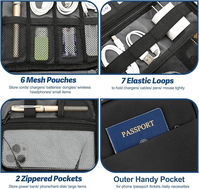 Electronic Organizer Travel Case, All-in-One Portable Cable Organizer Bag for Storage, Cord Organizer Tech Accessories for Cables, Chargers, Power Bank, Flash Drive,SD Card