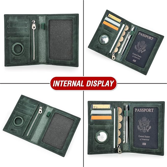 Top Grain Leather Single Travel Passport Wallet Holder for Man & Woman, Folio Design for Passport & Multi Cards, RFID Blocking Large Capacity for Passport/Cards/Checks/Bills/AirTag, Green