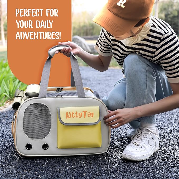 Pet Carrier, Puppy Small Dog Carrier, Cat Carrier Bag, Waterproof Premium PU Leather Carrying Handbag for Outdoor Travel Walking Hiking Shopping (Yellow)