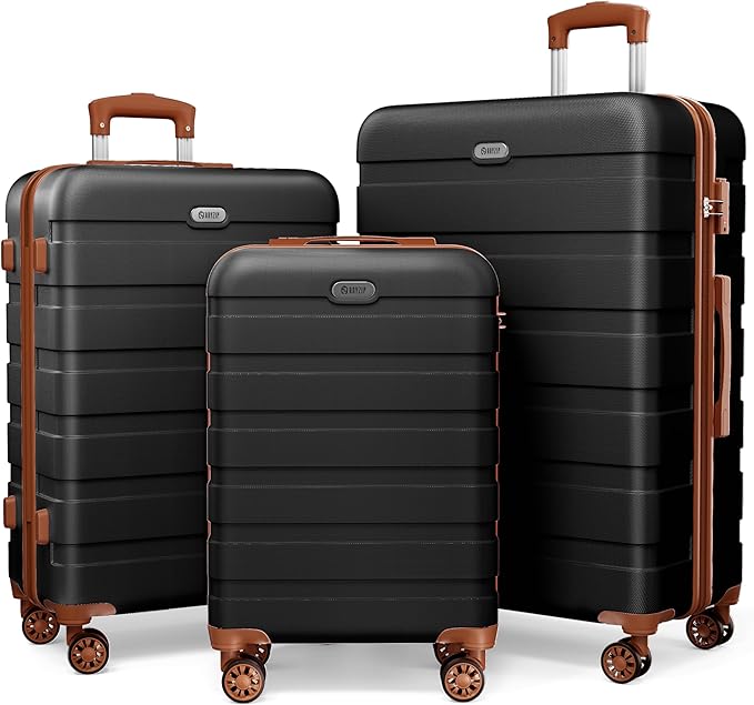 AnyZip Luggage Sets 3 Piece Hardshell Suitcase Set PC ABS Lightweight Travel Suitcases with 4 Double Spinner Wheels TSA Lock 20 24 28 Inch Black Brown