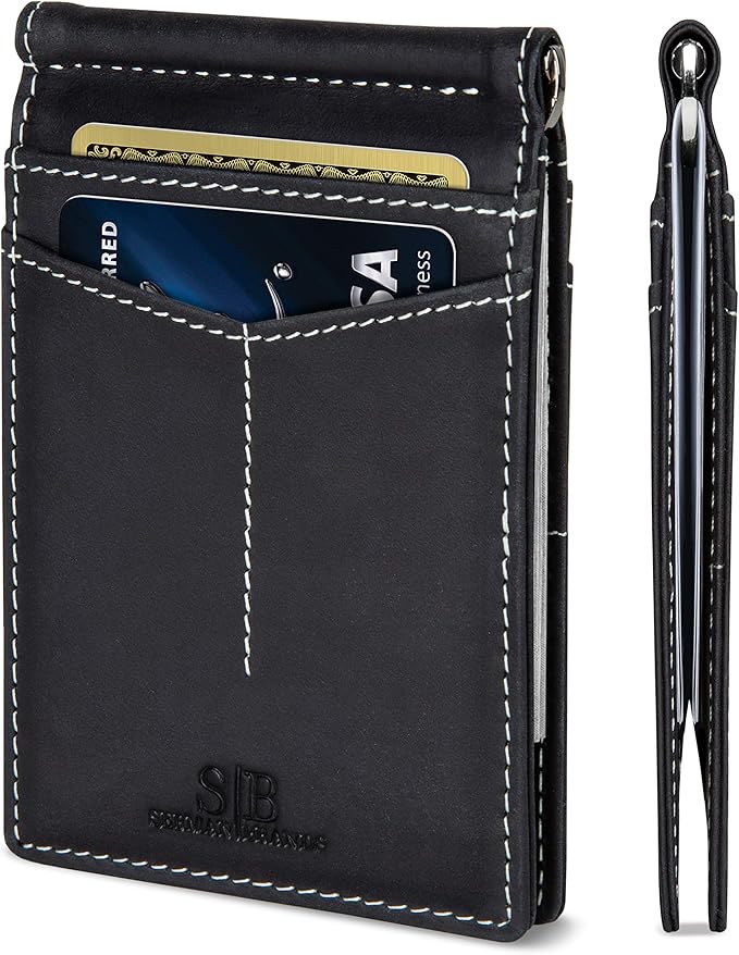 SERMAN BRANDS RFID Blocking Wallet Slim Bifold - Genuine Leather Minimalist Front Pocket Wallets for Men with Money Clip Gift (Charcoal Black)