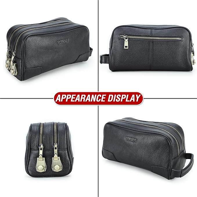 Top Grain Genuine Leather Travel Organizer Clutch Bag, Handmade Retro Vintage Design, 3 Zipper Pockets & Combination Locks, Portable Storage Bag for Phone/Cable/Charger/Notebook/Cash/Cosmetic, Black