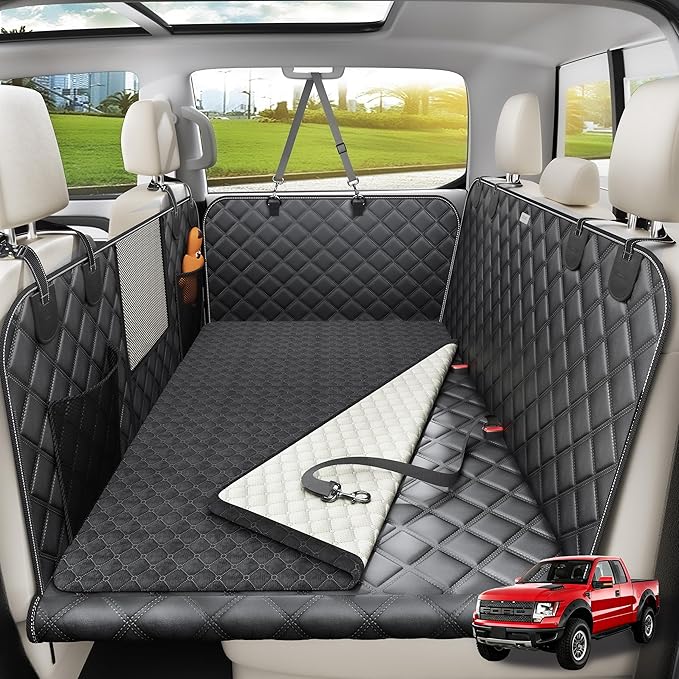 Doglike Dog Car Seat Cover for Back Seat [with Detachable Mat], Hard Bottom Dog Hammock for Car, Pet Bed Extender for 2-4 Large Dogs, Waterproof Seat Protector, XL Size Fits for Crew Cab Truck/SUV, BK