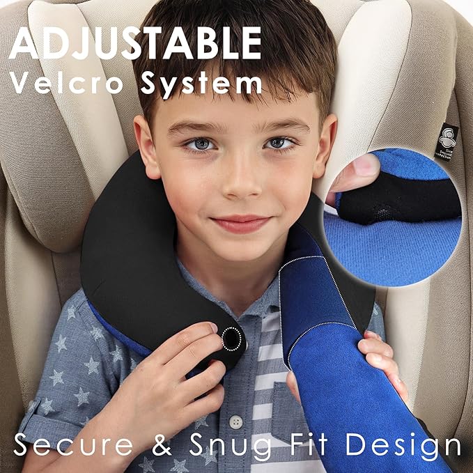 Kids Travel Neck Pillow, Comfortable Head & Chin Support for Car seat & Airplane, Toddler Pillow for Sleeping on Road Trip, Gifts for Child (Black & Light Blue)