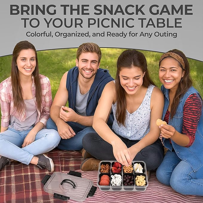 Snackle Box Container with Lid- Travel Charcuterie Box with Handle - Organizer for Candy, Fruit, Nuts, Veggies, Snacks, Beach Essentials, Portable Lunch Box (Black, Large)