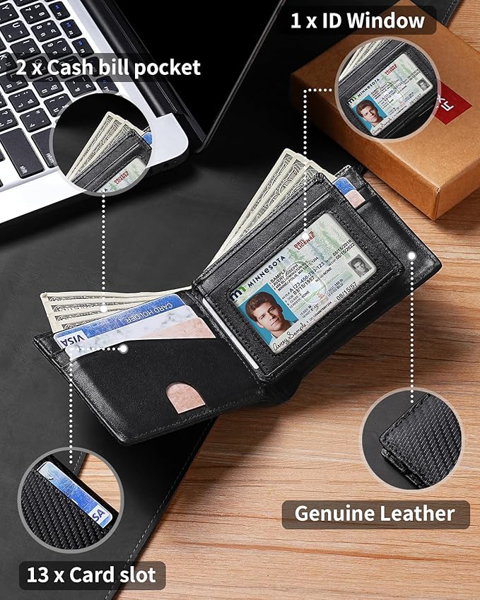 Artpaxy Mens Wallet Bifold Genuine Leather RFID Blocking Wallet for Men with 1 ID Windows 13 Card Holders 2 cash pockets 1 Gift Box