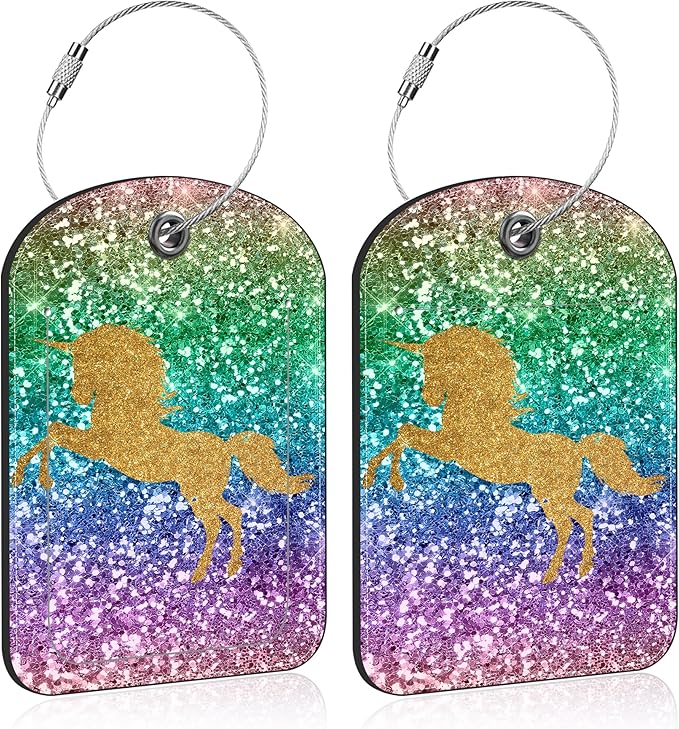 2 Pack Luggage Tag for Suitcase Sparkles Unicorn Leather Suitcase Tags with Privacy Name ID Label and Stainless Steel Loop for Travel Bag