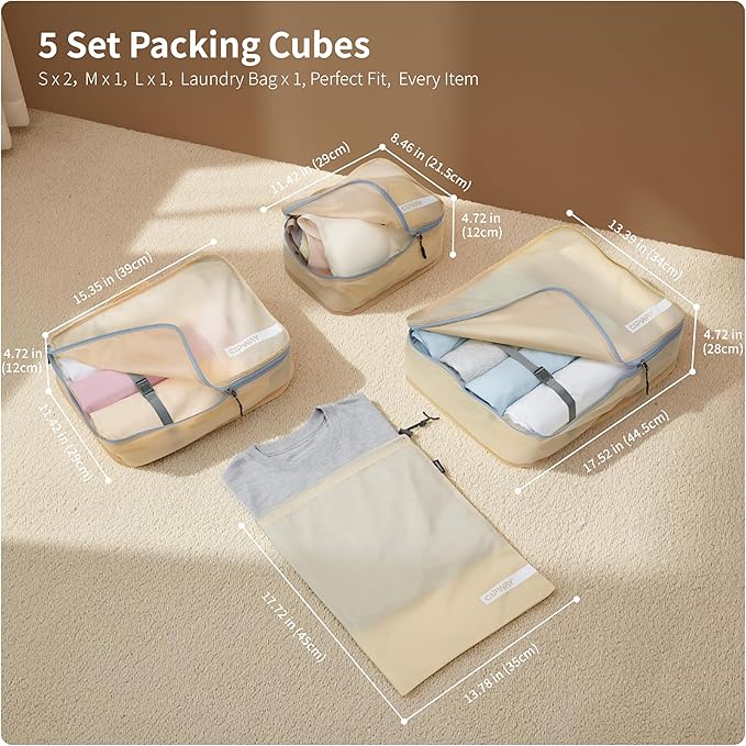 Cipway 5 Set Packing Cubes for Travel Suitcase Organizer for Accessories Luggage Carry On Suitcase Lightweight Vanilla Cream