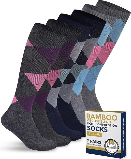 Pembrook Bamboo Viscose Light Compression Socks - 3 Pairs | 8-15 mmhg Compression Socks | Knee High Comfort Support Socks