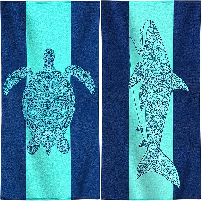 Genovega 2 Packs Oversized Beach Towel Terry 36 x 72 in Clearance Soft Towels Large Big Pool Camping Swim Bath Travel Essentials Accessories Haves Vacation Necessities Adults Gifts Deep Blue Sharks