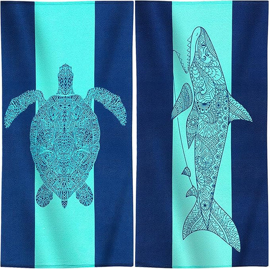 Genovega 2 Packs Oversized Beach Towel Terry 36 x 72 in Clearance Soft Towels Large Big Pool Camping Swim Bath Travel Essentials Accessories Haves Vacation Necessities Adults Gifts Deep Blue Sharks