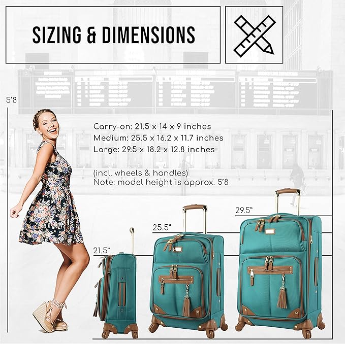 Steve Madden Designer Luggage - Checked Large 28 Inch Softside Suitcase - Expandable for Extra Packing Capacity - Lightweight Bag with Rolling Spinner Wheels (Harlo Teal Blue)