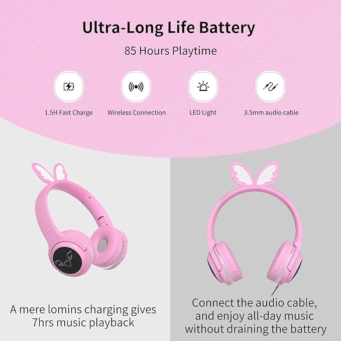 Kids Wireless Headphones with 7-Color RGB LED Lights, Long Playtime, Ultra-Soft Over-Ear for School Travel, Pink Butterfly Wings