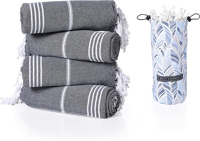 BAY LAUREL Turkish Beach Towel with Travel Bag 39 x 71 Quick Dry Sand Free Lightweight Large Oversized Towels Light - Pack of 4 (Pack of 4 - Black with Blue Floral Bag)