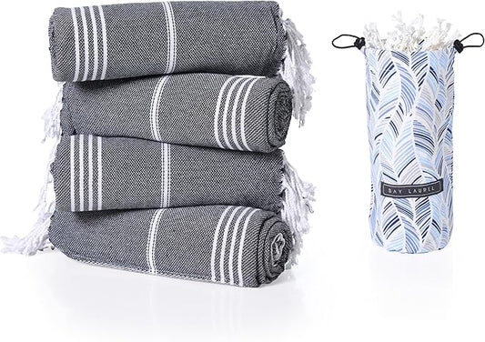 BAY LAUREL Turkish Beach Towel with Travel Bag 39 x 71 Quick Dry Sand Free Lightweight Large Oversized Towels Light - Pack of 4 (Pack of 4 - Black with Blue Floral Bag)