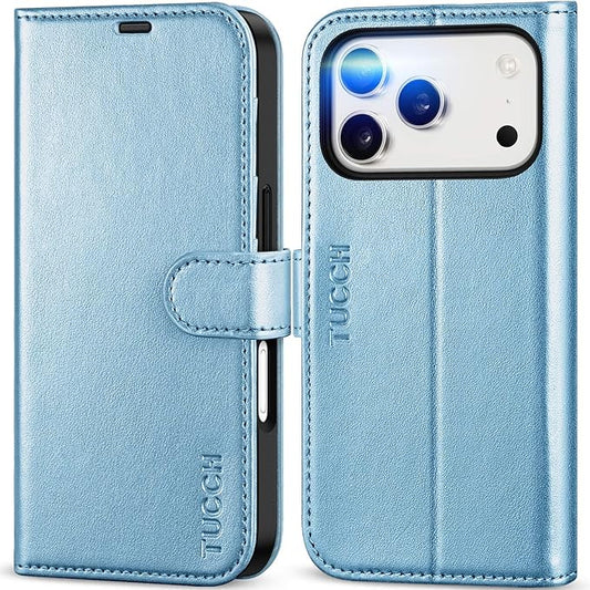TUCCH Case Wallet for iPhone 17 Pro (6.3-Inch) 2025, RFID Blocking 4 Card Slots, Kickstand, Magnetic Closure, PU Leather, Shockproof TPU Shell, Protective Flip Cover, Pearly Light Blue
