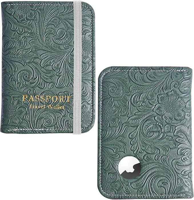 lizimandu Passport Holder with Airtag Slot, Airtag Passport Wallet for Men Women, Slim Leather Passport Holder Case Family for Travel Anti-Lost(1-Carved Grren)