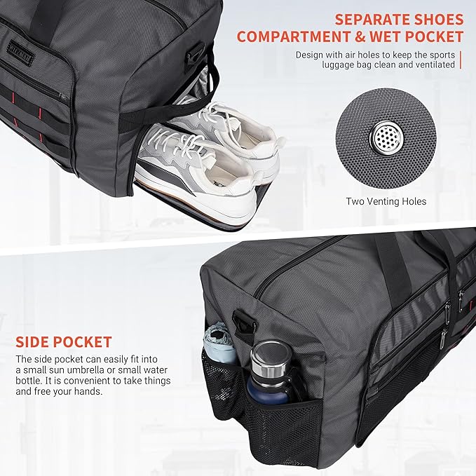WITZMAN Foldable Duffle Bag for Travel 65L Lightweight Packable Duffel Bag with Shoes Compartment Overnight Bag for Men Women (B697 Silvery Grey)