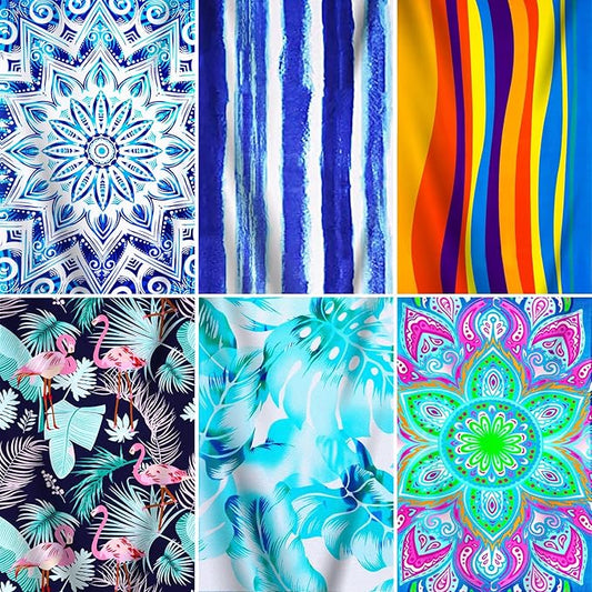 6 Packs Oversized Terry Beach Towel Set 36 x 72 Soft Thin Extra Large Pool Camping Swim Bulk Towels Blanket Clearance Travel Adult Essentials Accessories Must Haves Vacation Striped Flowers Flamingo