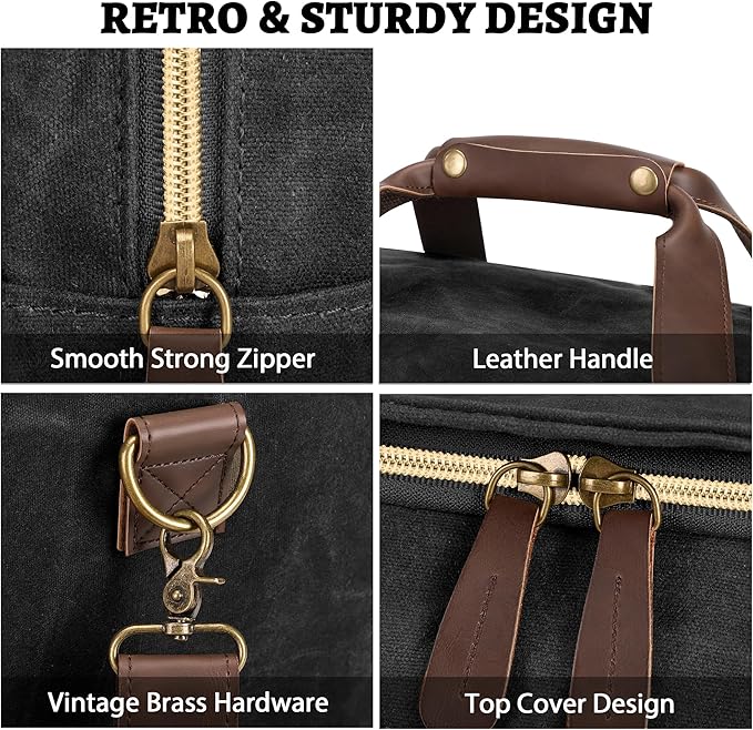 50L Duffle Bag for Men, Nomad Waxed Canvas Travel Duffel Bag Vintage Genuine Leather Travel Handbag Upgraded Weekender Overnight Backpack with Shoes Compartment (Vintage Black, Large-50L)