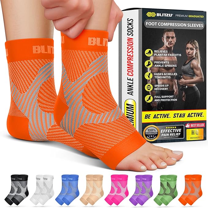 Compression Socks for Plantar Fasciitis, Achilles Tendonitis, Arthritis Relief, Ankle Brace Compression Sleeve with Foot Arch Support, Ankle Wrap for Women, Men, Swelling & Heel Pain Orange S-M
