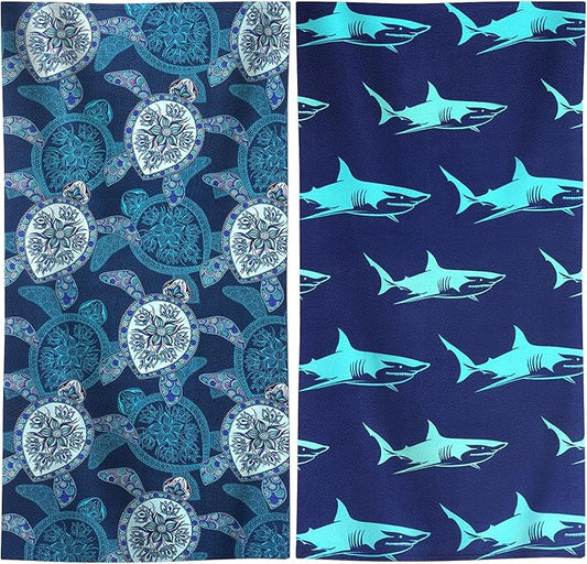 2 Packs Oversized Beach Towel Set Extra Large Big XL Pool Camping Swim Clearance Towels 36x72 Soft Blanket Cruise Essentials Accessories Must Haves Vacation Necessities Adult Shark Turtle Blue