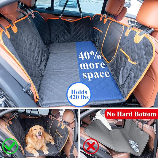 Hard Bottom Back Seat Extender for Dogs, Waterproof Dog Car Seat Cover, 420lb Support, 600D Heavy Duty Car Seat Protector Dog Hammock for Sedan, SUV, Small Truck(Black & Orange)