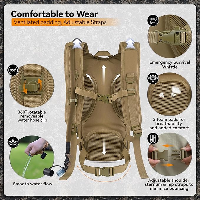 MARCHWAY Tactical Molle Hydration Pack with 2.5L TPU Water Bladder, Low-Profile Organized Military Backpack for Hiking, Cycling, Backpacking, Hunting, Running
