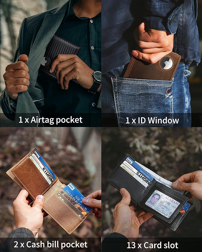 Mens Wallet With AirTag Holder, Bifold Leather RFID Blocking 1-2 ID Windows 12-13 Card Holders, Gift Box and Screen Protector Included, AirTag Not Included