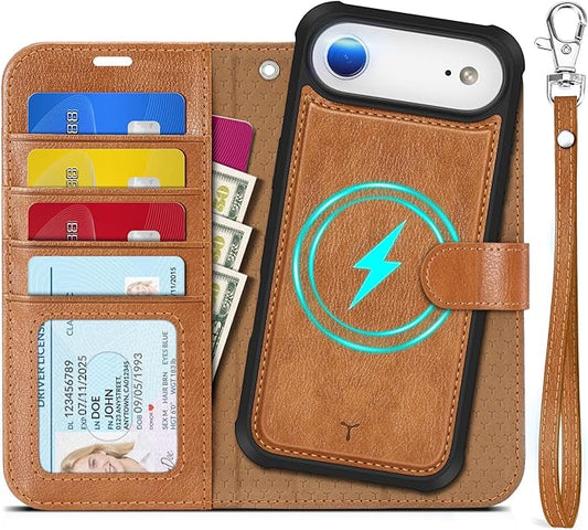TUCCH Detachable Case Wallet for iPhone Air (6.5") 2025, Wrist Strap | 4 Card Slots RFID Blocking | Wireless Charging | Stand | 2-in-1 Magnetic | PU Leather | Shockproof Folio Cover | Light Brown