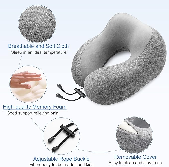 Travel Pillow - Memory Foam Cervical Neck Pillow for Adults, Kids, Children, Convenient & Portable U Shaped Pillows, Airplane Pillow for Home, Office, Camping, Travelling, Sleeping (Gray)