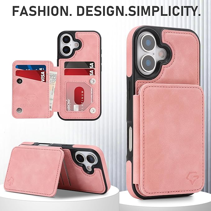 GUERNICA for iPhone 17 (6.1") Case Wallet with Card Holder, RFID Blocking Leather Protection, Shockproof Women Men Phone Case for Apple 17, Pink