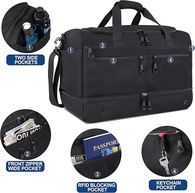 HILOMON Travel Bags for Men, YKK Zipper Mens Carry On Duffle Weekender Overnight Duty Bag with Shoe Compartment & Wet Pocket & RFID Blocking Pouch