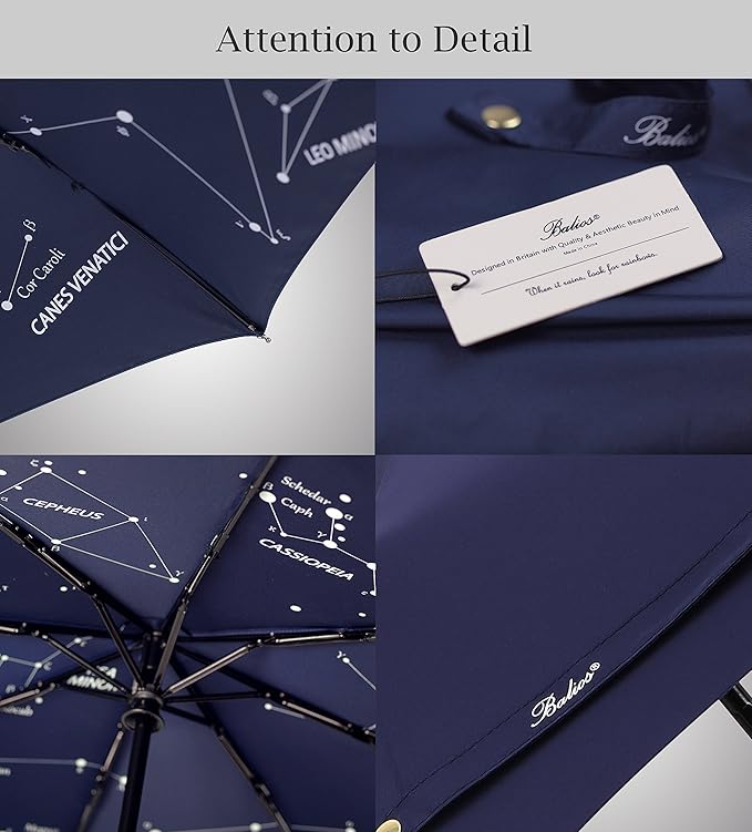 Balios (Designed in UK) Umbrella Handmade Real Wood Handle-Dark Navy with Sophisticated Constellation Interior Pattern-Windproof Fiberglass Auto Open Close Folding-300T Finest Fabric